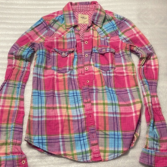 Hollister Button Down Pink Plaid Long Sleeves Juniors Size Small - Picture 3 of 10